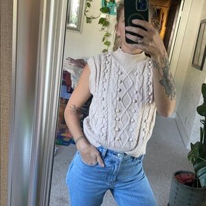 Debut Cream Cable Knit Sleeveless Turtleneck Sweater